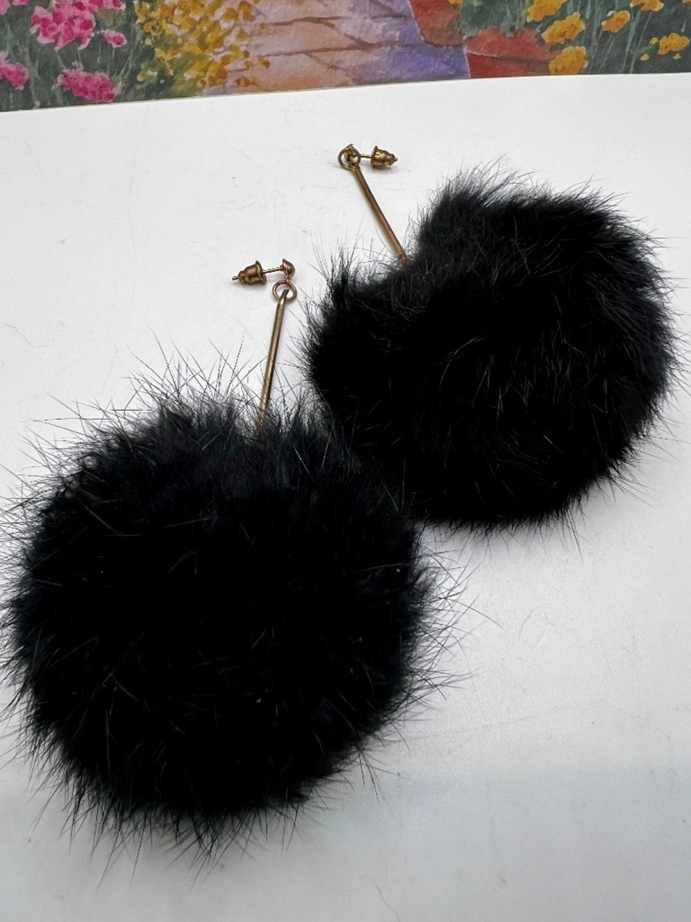 Vintage Black Rabbit Fur Pouf Earrings